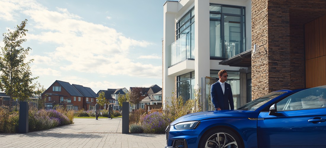Modern home with blue car parked outside