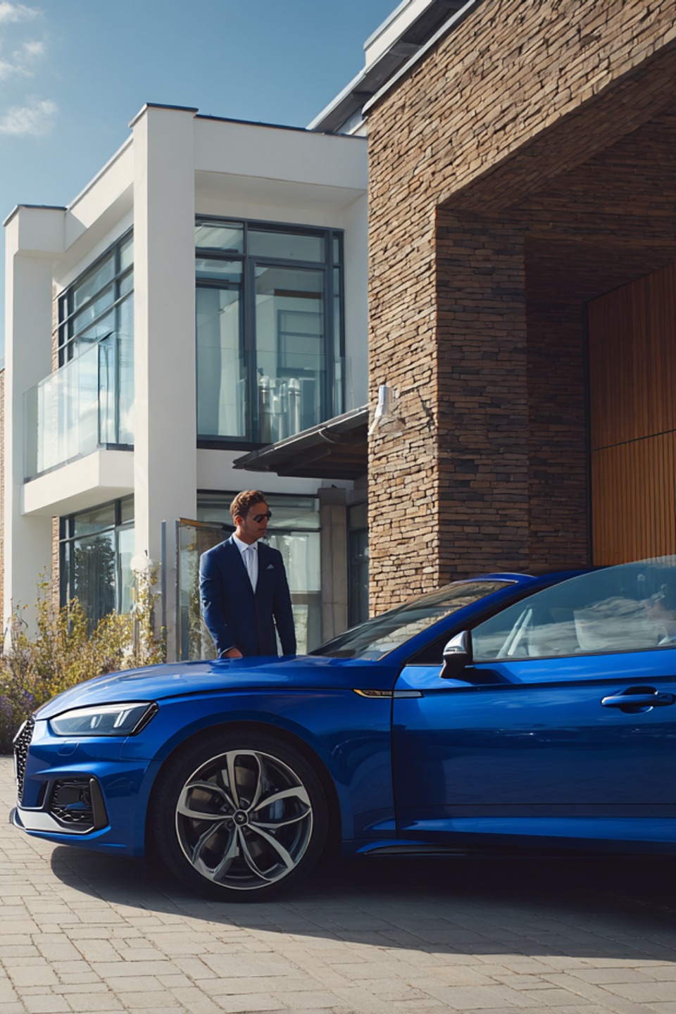 Modern home with blue car parked outside